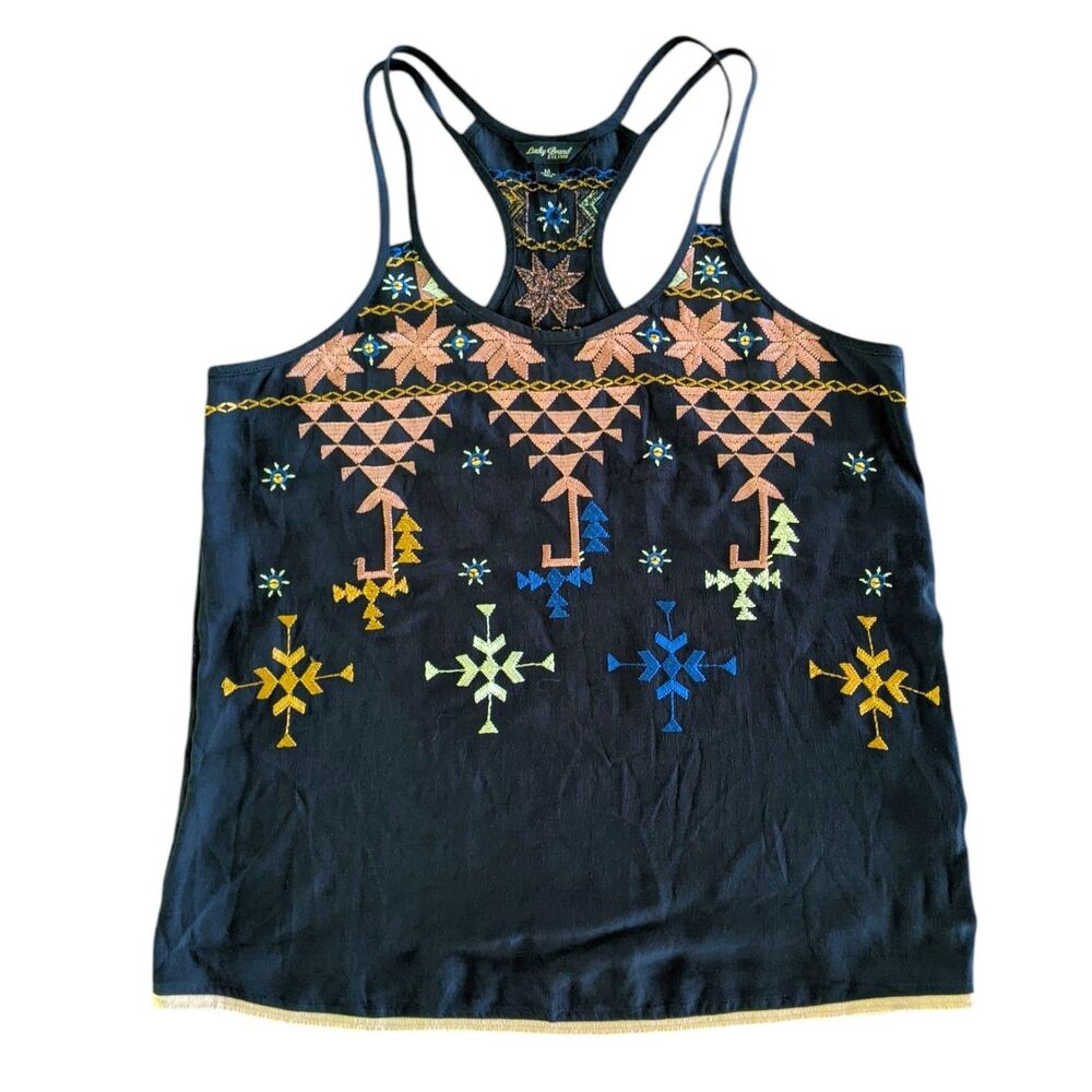 Lucky Brand Embroidered Tank Sz M Navy Blue Strappy V-neck Boho Geometric Racer - Picture 2 of 11